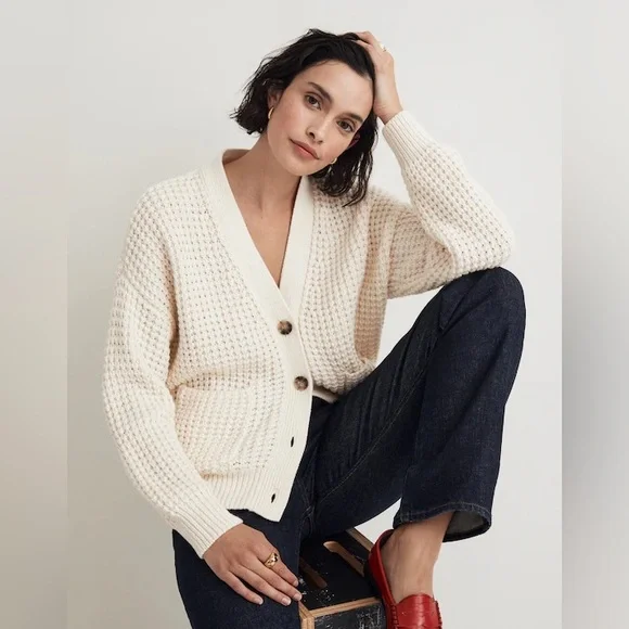 Madewell Waffle-Knit V-Neck Cardigan, relaxed boxy fit - Picture 2 of 6